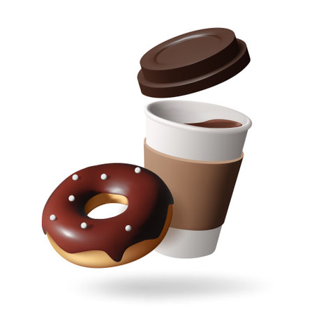 3d Papper coffee Cup with coffee and chocolate donat. Takeaway coffee or tea to go or delivery food concept. Vector illustration isolated on white background.のイラスト素材