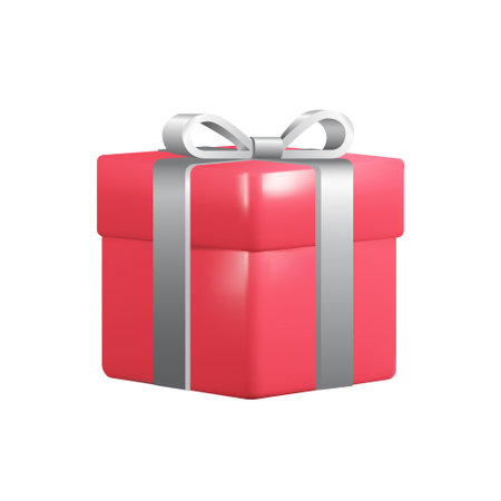 3d red gift box with silver ribbon bow. Vector icon for christmas present, birthday or wedding banners isolated on white background.のイラスト素材