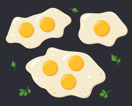 Set of fried eggs on black background. One, two and three fried eggs with green parsley leaves. Healthy organic food for breakfast. Cooked fried eggs collection. Vector flat illustration isolated.のイラスト素材