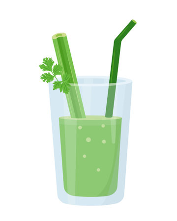 Fresh green Celery juice in glass. Weight loss diet smoothie. Detox cocktail for healthy dieting. Celery stalk and juice icon. Vector illustration isolated on white background.のイラスト素材