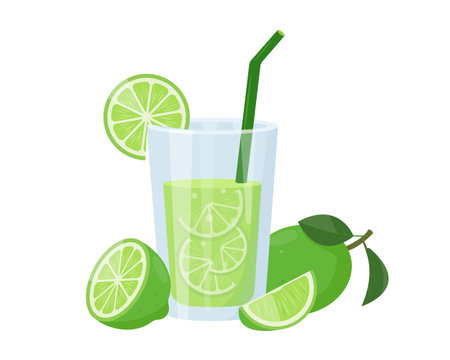Fresh green lime juice in glass. Weight loss diet vitamin C smoothie. Detox fruit cocktail for healthy dieting. Vector illustration isolated on white background.のイラスト素材
