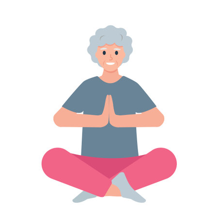 Elderly woman doing yoga. Senior female character sitting in lotus position. Sport active healthy lifestyle concept. Vector cartoon or flat illustration isolated on white background.のイラスト素材