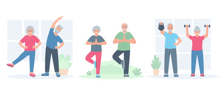 Set of Happy Elderly people doing sport exercises. Senior men and women active healthy lifestyle concept. Vector cartoon or flat illustration.のイラスト素材