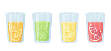 Set of Fresh citrus juice glasses. Orange, lemon, lime and grapefruit vitamin C juices or smoothie. Vector icon illustration isolated on white background.のイラスト素材