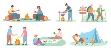 Tourists camping set. Campers people characters with tent, bonfire, cooking, hiking, relaxing, playing guitar. Summer vocation vector illustrations isolated on white background.のイラスト素材