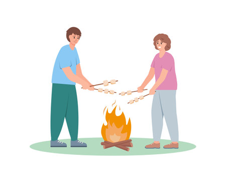 Happy man and woman with marshmallows. Characters near fireplace. Summertime concept. Vector illustration isolated on white background.のイラスト素材