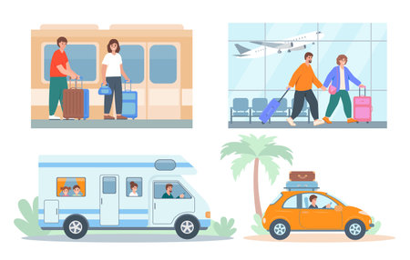 Tourist characters set. People traveling by train, plane, car and motorhome. Summer travel and vocation concept vector illustrations isolated on white background.のイラスト素材