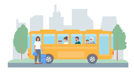 People traveling by bus. City public transport concept. Passengers characters in bus. Vector...