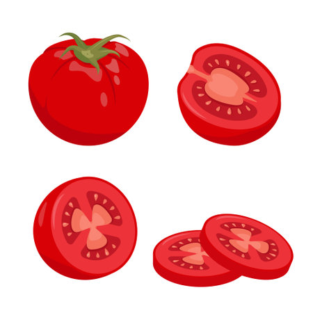 Red Tomato set. Whole and parts of farm tomatoes plant icons. Organic vegetables vegetarian food. Vector illustration isolated on white background.のイラスト素材