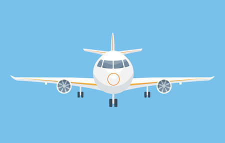 White airplane front view on blue background. Passenger and cargo air transport. Plane, aircraft, air transport in flight. Aviation, traveling concept vector illustration.のイラスト素材