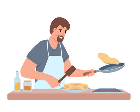 Happy man cooking pancakes for breakfast. Male Character preparing food. Vector illustration isolated on white background.のイラスト素材
