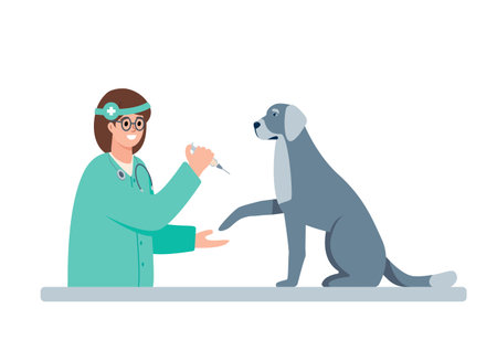 Young woman vet doctor giving injection to dog. Vaccination, pet care concept. Adoption, charity, love, volunteering. Vector flat illustration isolated on white background.のイラスト素材