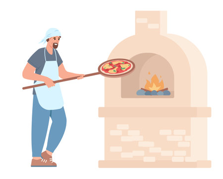 Happy man baking pizza. Chef or Baker male Character preparing Pizza in stone oven with fire. Vector illustration isolated on white background.のイラスト素材