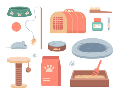 Set of Cat accessories. Cat and pet shop goods icons. Pet toys, food and care items. Assortment of veterinary shop for domestic animals. Vector illustration isolated on white background.のイラスト素材