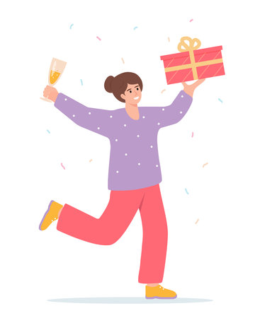 Smiling happy woman with gift, drink and confetti. Female character celebrating. Fun birthday, Party, holiday, sale concept. Vector illustration.のイラスト素材