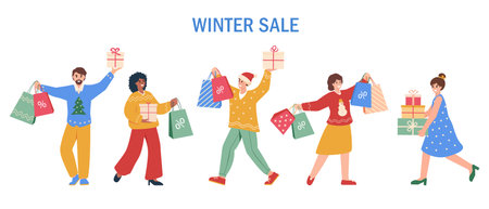 Christmas Winter Sale. Set of people with gifts and shopping bags. Men and women buying at discount on sale. Flat characters vector illustration isolated on white background.のイラスト素材