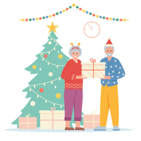 Senior couple of man and woman with gift boxes near Christmas tree. Happy family celebrating Christmas or New Year. Winter holidays concept. Flat vector illustration isolated on white background.のイラスト素材