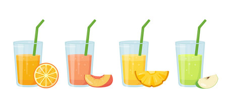 Set of glasses with Fresh juice. Orange, peach, pineapple and green apple juices or vitamin smoothie. Vector icon illustration isolated on white background.のイラスト素材