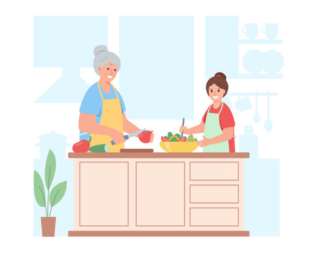 Happy grandmother and granddaughter cooking healthy food in kitchen. Grandparents and grandchildren family activity or hobby concept. Senior people healthy lifestyle Vector illustration.のイラスト素材