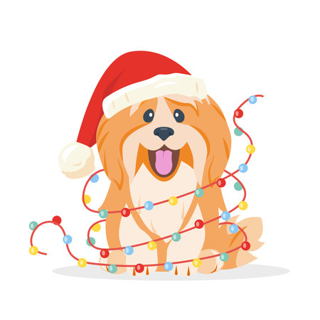 Happy fluffy Dog in festive Christmas Santa hat and light garland. Christmas or New Year dog character for greeting card or banner. Flat vector illustration isolated on white background.のイラスト素材