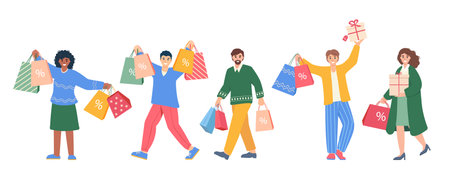 Set of people with gifts and shopping bags. Happy men and women buying at discount on winter sale. Flat characters vector illustration isolated on white background.のイラスト素材