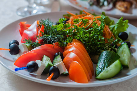 Mixed vegetables, tomatoes, cucumbers with olives and herbsの写真素材