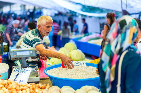 ISTANBUL, Turkey - November 2, 2015: Turkish vegetable grocery bazaar. The Grand Bazaar is one of the largest and oldest covered markets in the world.のeditorial素材