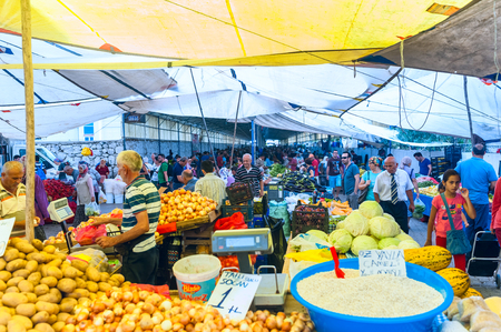 ISTANBUL, Turkey - November 2, 2015: Turkish vegetable grocery bazaar. The Grand Bazaar is one of the largest and oldest covered markets in the world.のeditorial素材