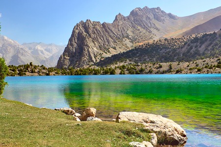 Alaudin, Green Lake. urquoise, virid water. Fann, Pamir Alay, Tajikistanの写真素材