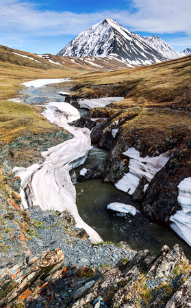 Mountains and glacier. snowy landscape peak and pass. outdoor viewの写真素材