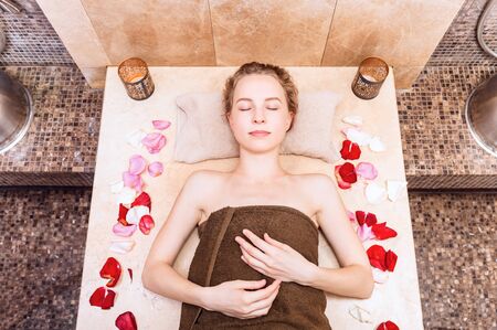 happy woman in hammam or turkish bath in relax.の写真素材