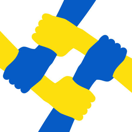 Peoples hands support Ukraine. Four yellow and blue hands holding each other