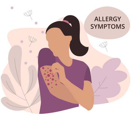 Seasonal allergy. Woman with red skin rash. Woman scratching skin on her handのイラスト素材