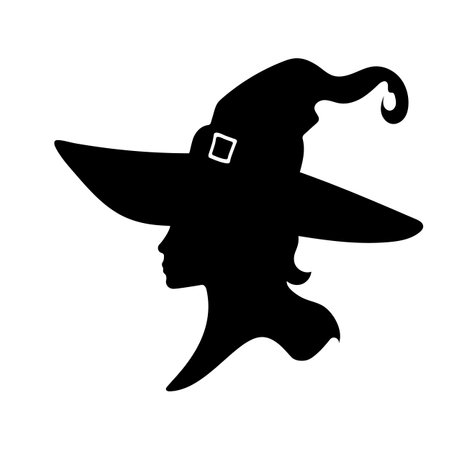 Silhouette of beautiful witch girl in hat with crescent moon and stars in profile isolated vector illustration.のイラスト素材