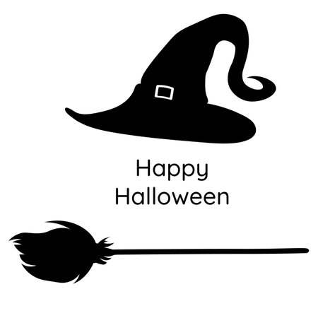 silhouette halloween hat and broom. Halloween Witch Attributes. vector illustration.のイラスト素材