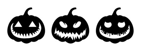Set of halloween pumpkins, different faces on white background. silhouette pumpkin with smile for holiday Halloweenのイラスト素材