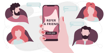 Referral program concept. hand holding phone. Business partnership strategy with group of people. Network marketing, referring friends, affiliate marketing concept. Landing page template. Vector.のイラスト素材