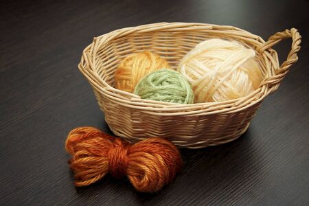 Wool yarns in a basket.