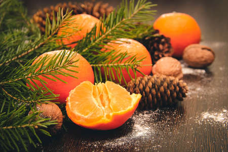 Tangerines on wooden background.の写真素材