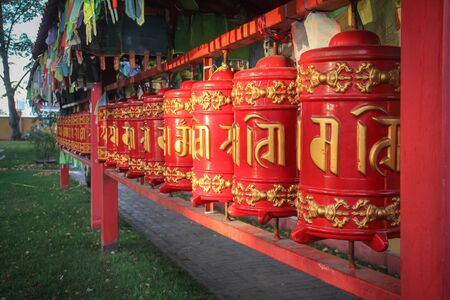 Buddhist prayer drums in front of the temple, St. Petersburgの写真素材