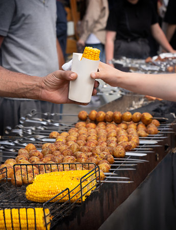 Hands holding yellow grilled maze or corn in white carton box being purchased at barbeque street picnic festival prepared or cooked at outdoor restaurant kitchenの写真素材