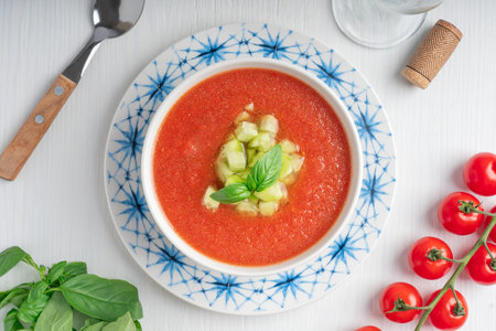 Top view of spanish gazpacho cold refreshing tomato soup made of raw blended vegetables eaten during hot summers served in bowl with spoon, basil leaves, cucumber cubes and glassの写真素材