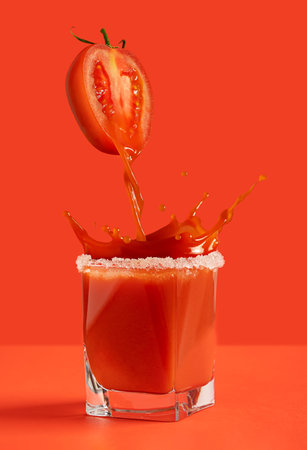 Fresh tomato juice pouring from ripe levitating sliced vegetable in glass decorated with salt with splash and drops flying on bright red backgroundの写真素材
