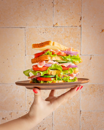 Hand holding a brown plate with large homemade sandwich made of layers with sliced bread, tomato,...