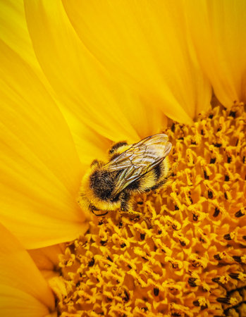 Closeup macro top view of one small fuzzy striped bumblebee insect pollinator covered in soft hair...