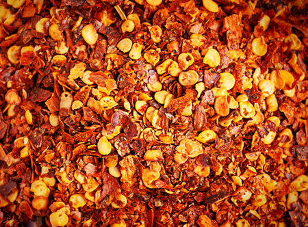 Background or backdrop of top closeup view of dried red hot chili pepper flakes with seeds...