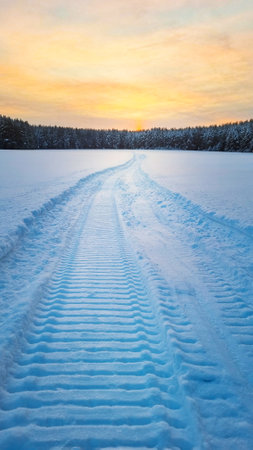 Landscape with track of snowmobile trace on fluffy snow leading to forest trees and yellow sunset in the evening dusk at cold winter season on holiday vacations travel adventureの写真素材