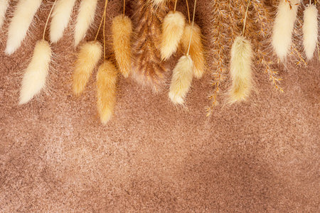 Top view flat lay of dried yellow dehydrated autumn decorative fluffy plants, flowers and pampas grass laying on dark brown rustic textural background with copy spaceの写真素材