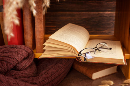 Cozy comfortable nook at library with open hardcover book, warm autumn sweater, dried plants and eyeglasses prepared for evening leisure literature reading and relaxation or hyggeの写真素材
