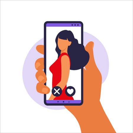 Social media profile. Smartphone with a woman avatar, text and button. Concept of social media, virtual relationship communication. Different icons with likes. Vector illustration in flat.のイラスト素材